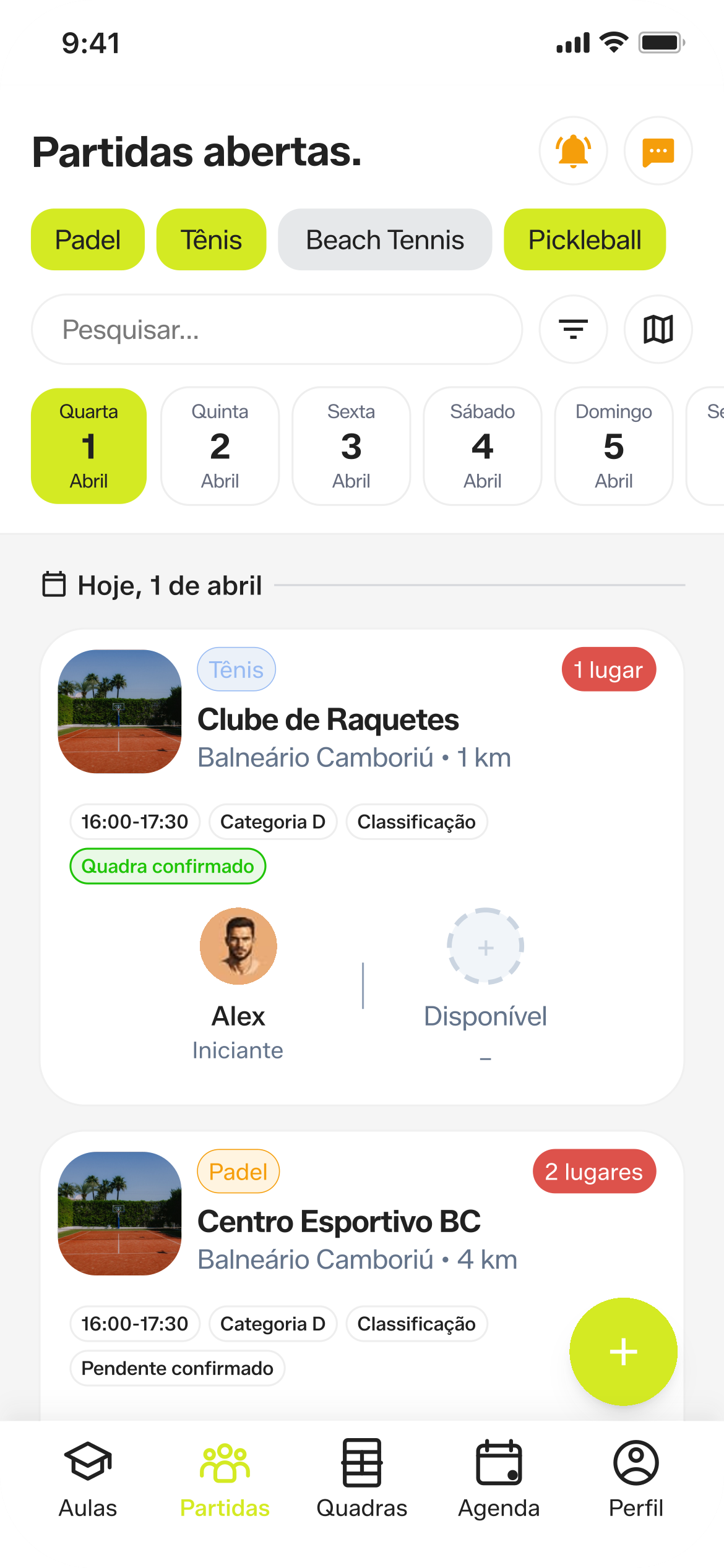 Print do app: feed de partidas abertas