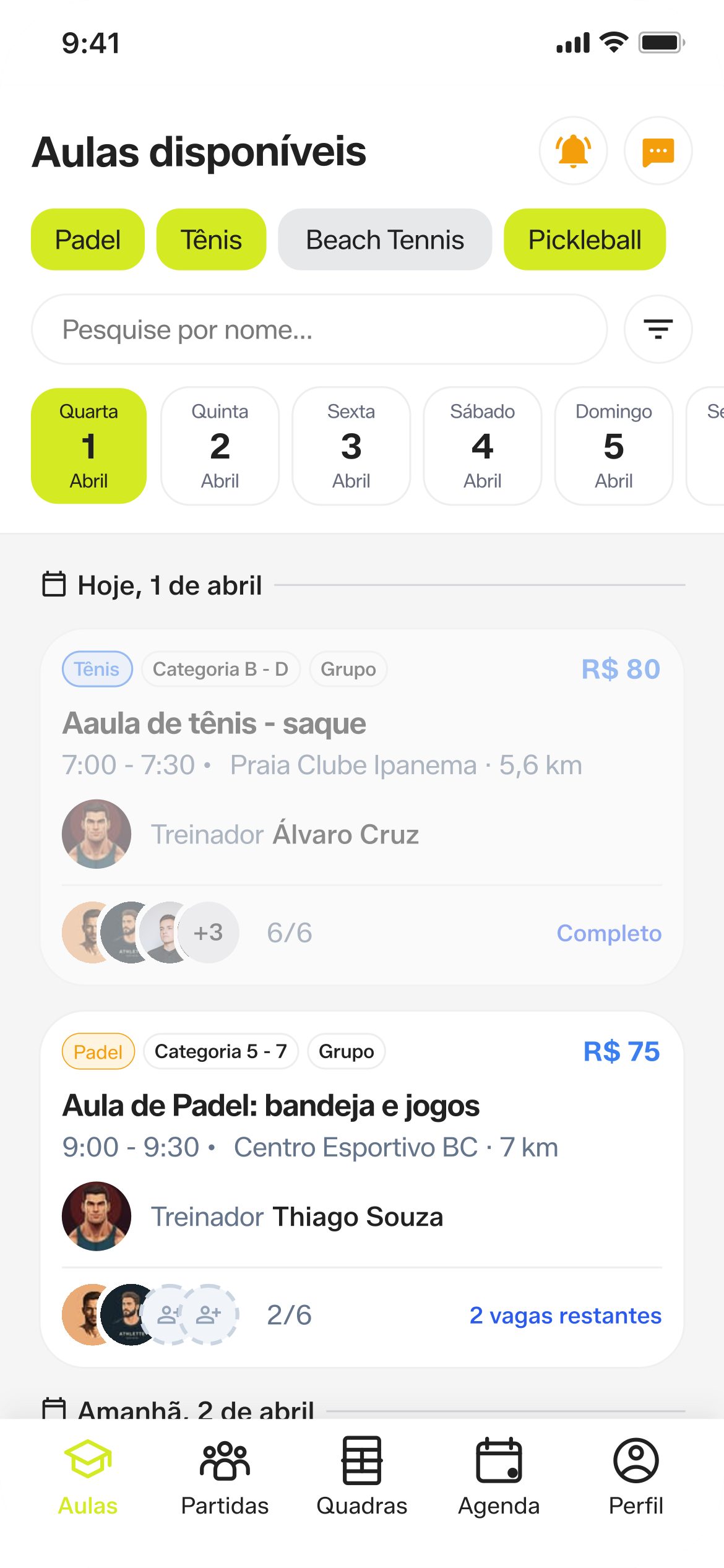 Print do app: feed de aulas disponíveis