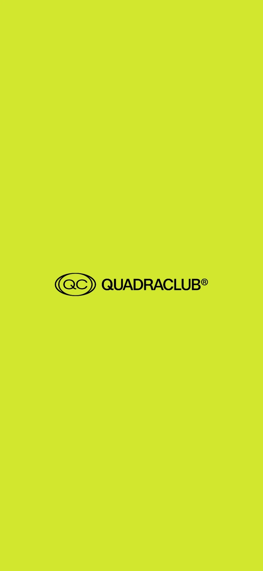 Tela de abertura do app Quadraclub com o logo sobre fundo verde-limão